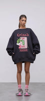 Kadın Oversize Sweatshirt Elbise Grinch Mode Baskılı Füme – Bisiklet Yaka, 3 İplik Şardonlu Polar
