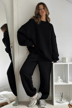 Kadın Double Oversize Eşofman Takımı Basic Siyah – Bisiklet Yaka, Lastikli Paça, 3 İplik Polar