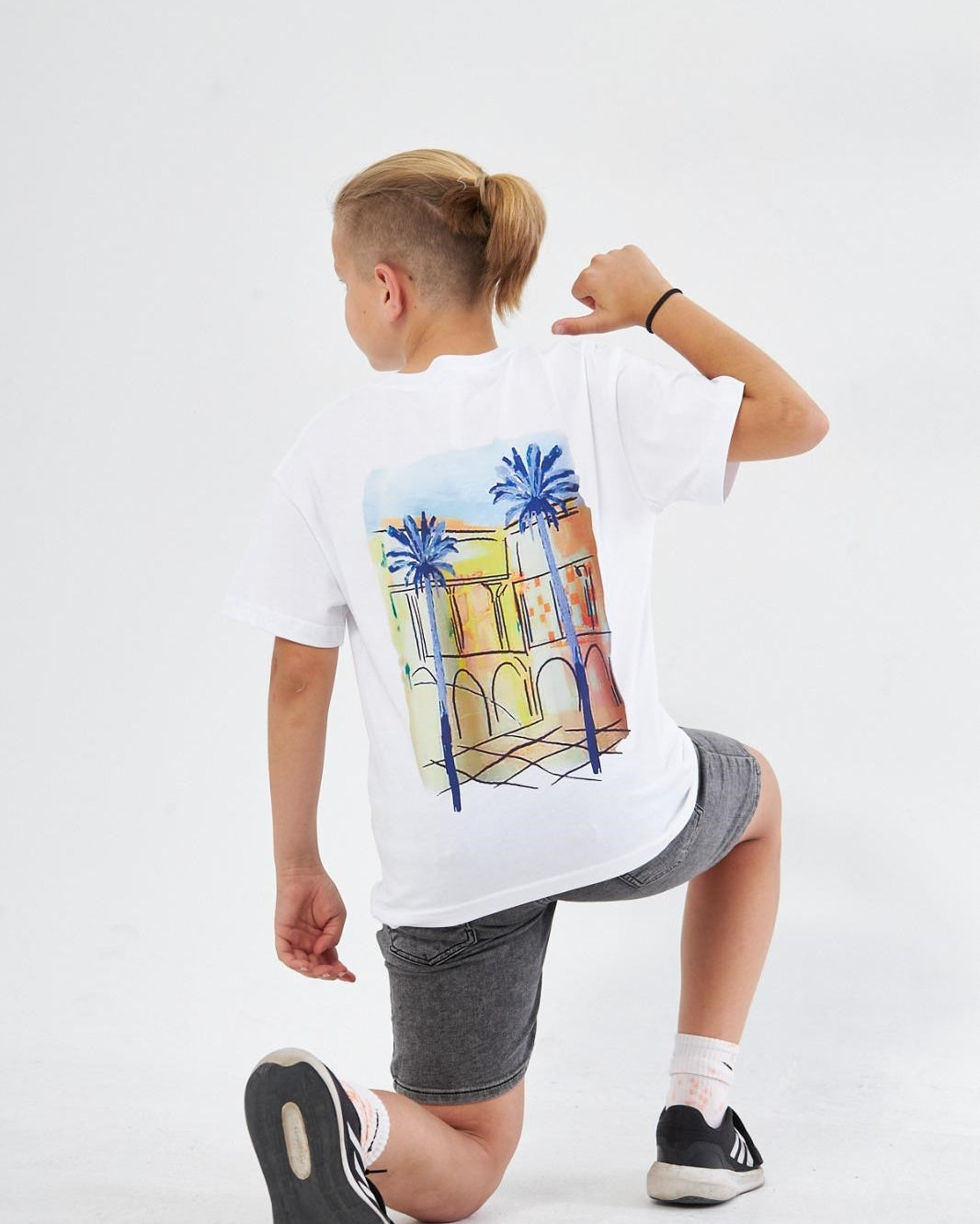 Bisiklet Yaka Palmiye Baskılı Beyaz Çocuk T-shirt