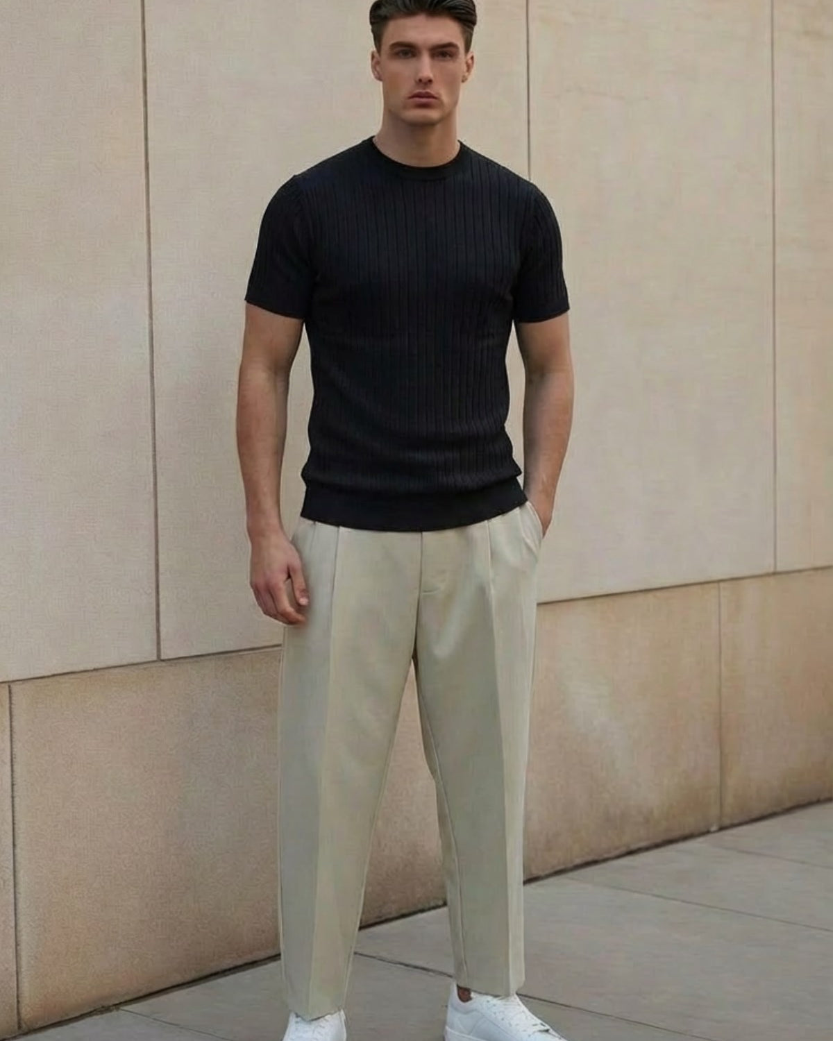 Erkek Dokulu Fitilli Triko Tişört Siyah - Bisiklet Yaka, Fit, Yazlık, Örme