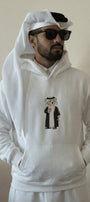 Erkek Oversize Sweatshirt Hoodie Qatari Bear Black Beyaz – Kapüşonlu, 3 İplik Polar, Kanguru Cepli