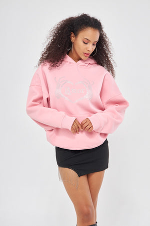 Amor Yazılı Taş Baskılı Kapüşonlu İçi Polar Oversize Pembe Sweatshirt