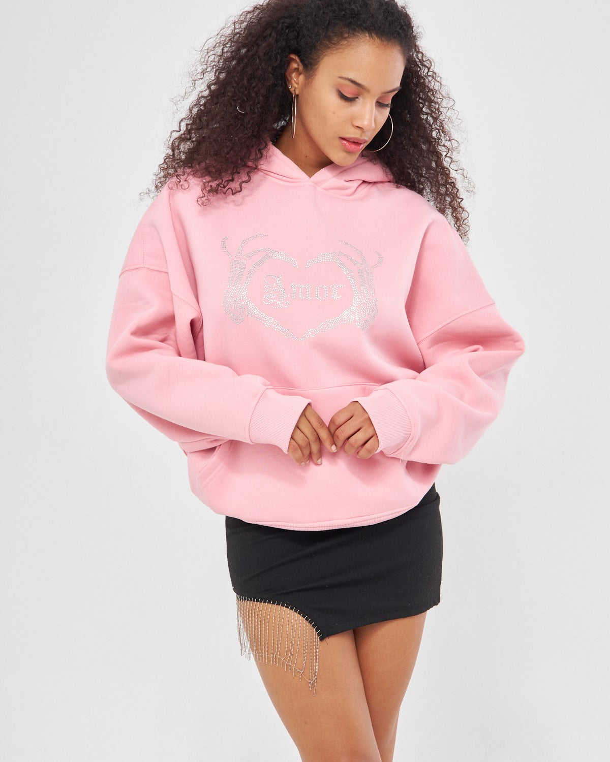 Amor Yazılı Taş Baskılı Kapüşonlu İçi Polar Oversize Pembe Sweatshirt