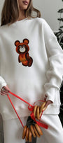 Kadın Oversize Sweatshirt Elbise Misha Mood Baskılı Beyaz – Bisiklet Yaka, 3 İplik Şardonlu Polar