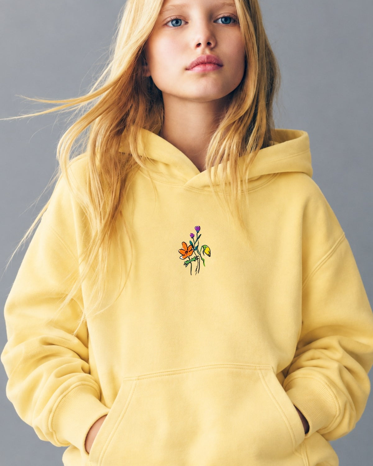 Kız Çocuk Oversize Hoodie Sweatshirt Flower Heaven Baskılı Sarı – Kapüşonlu, Cepli, 3 İplik Polar  