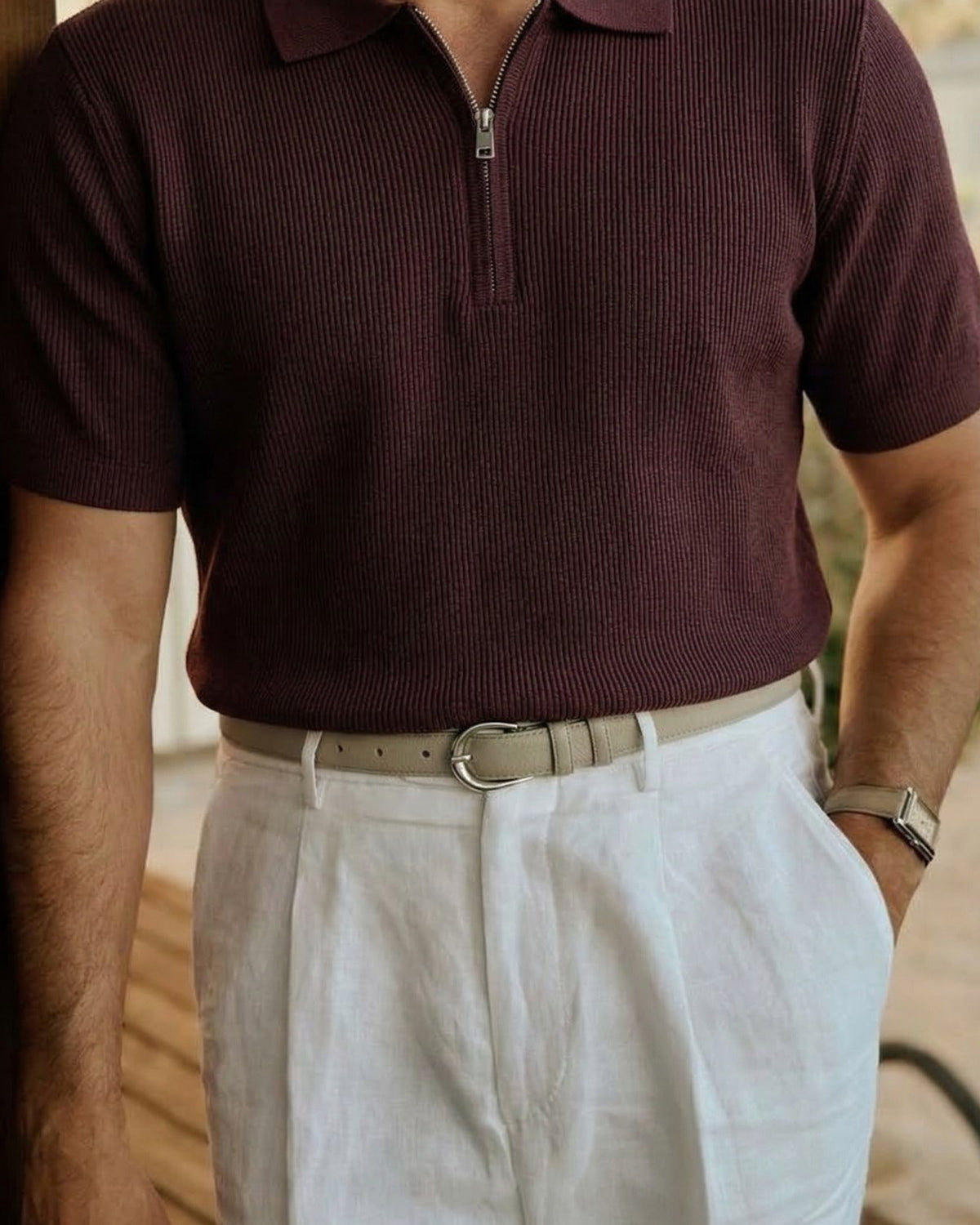 Erkek Dokulu Fitilli Triko Tişört Bordo - Polo Yaka, Yarım Fermuar, Fit, Yazlık, Örme 