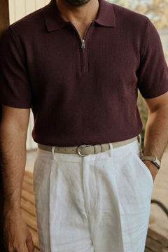 Erkek Dokulu Fitilli Triko Tişört Bordo - Polo Yaka, Yarım Fermuar, Fit, Yazlık, Örme