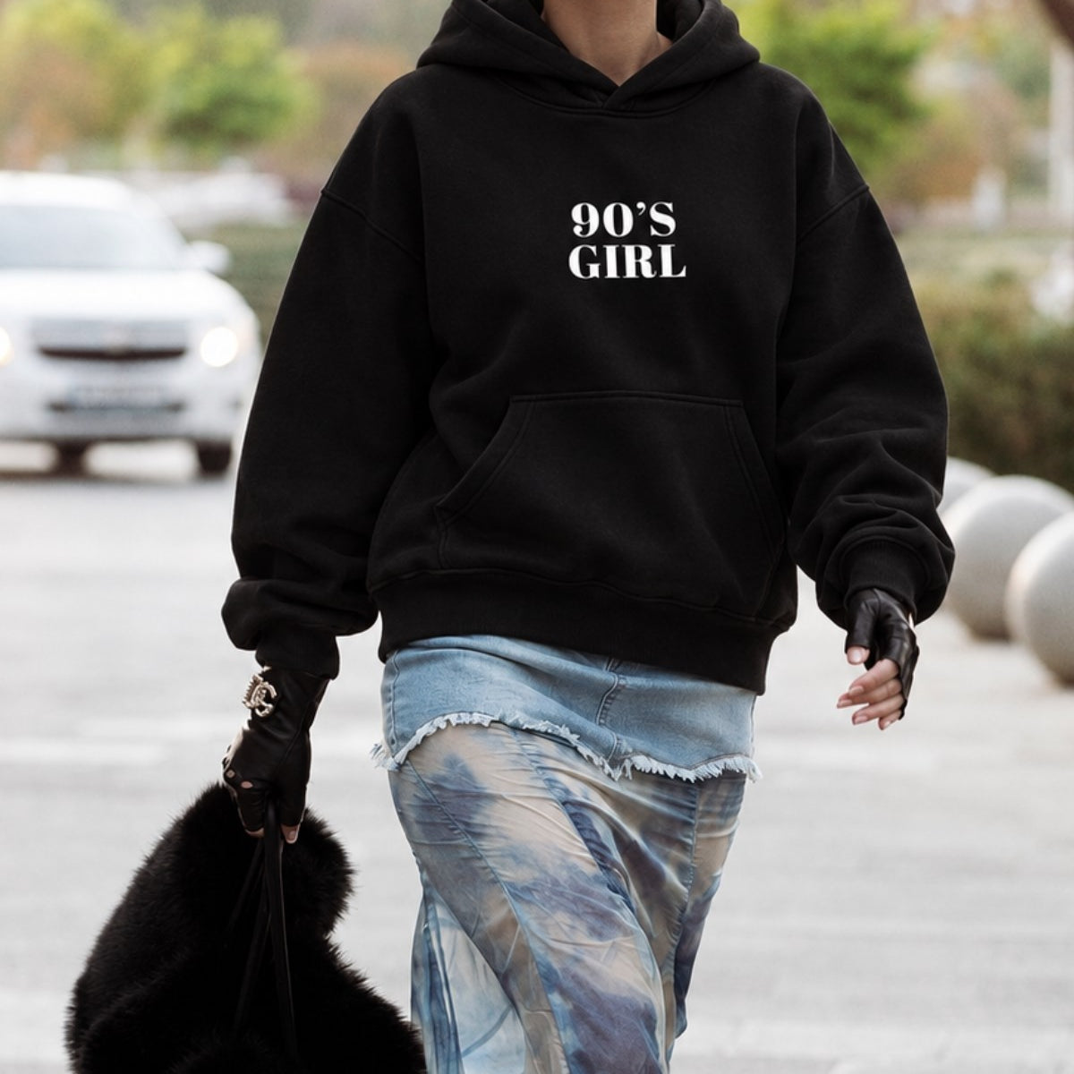 Kadın Oversize Hoodie 90’s Girl Baskılı Siyah – Kapüşonlu, Kanguru Cepli, 3 İplik Polar