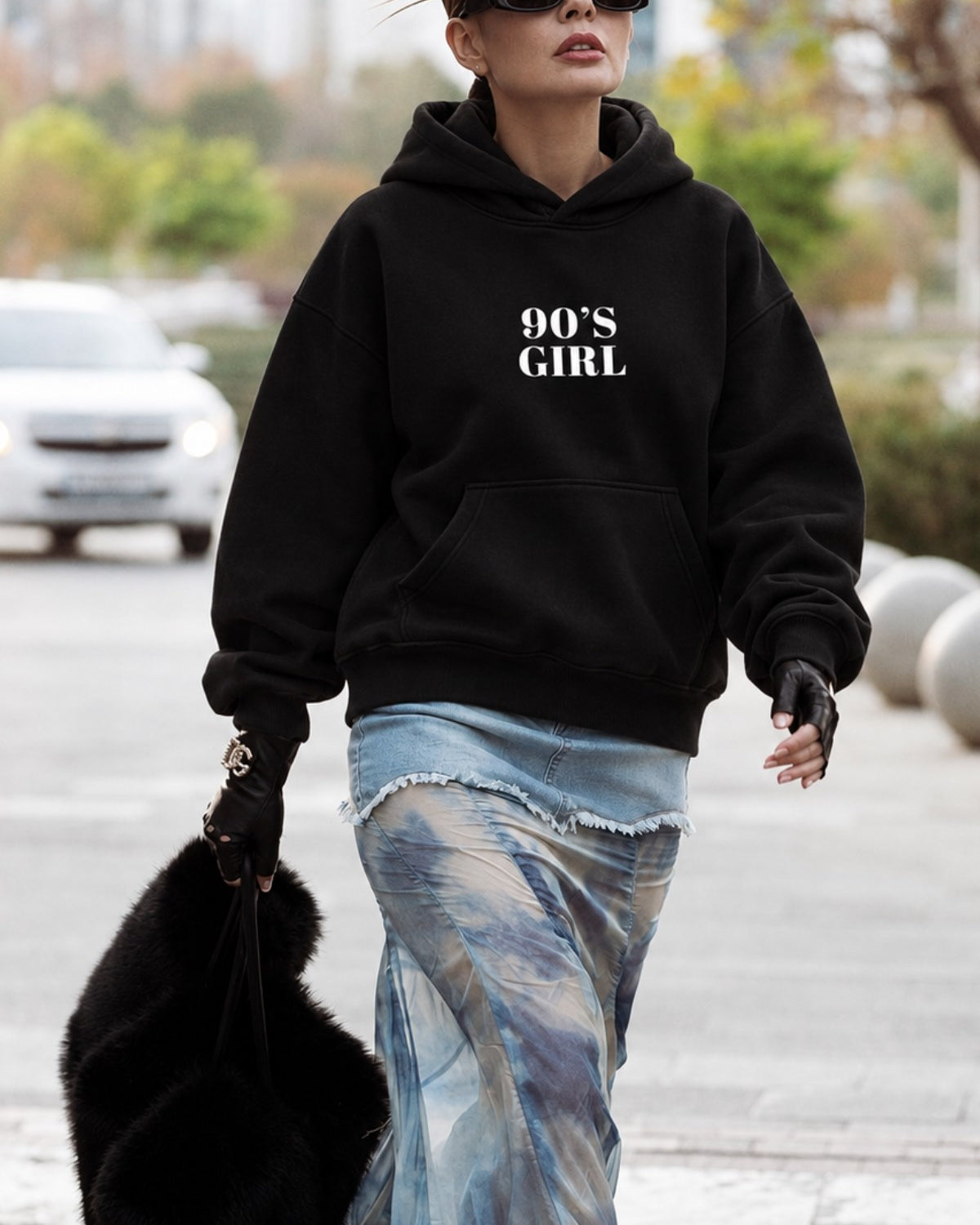 Kadın Oversize Hoodie 90’s Girl Baskılı Siyah – Kapüşonlu, Kanguru Cepli, 3 İplik Polar