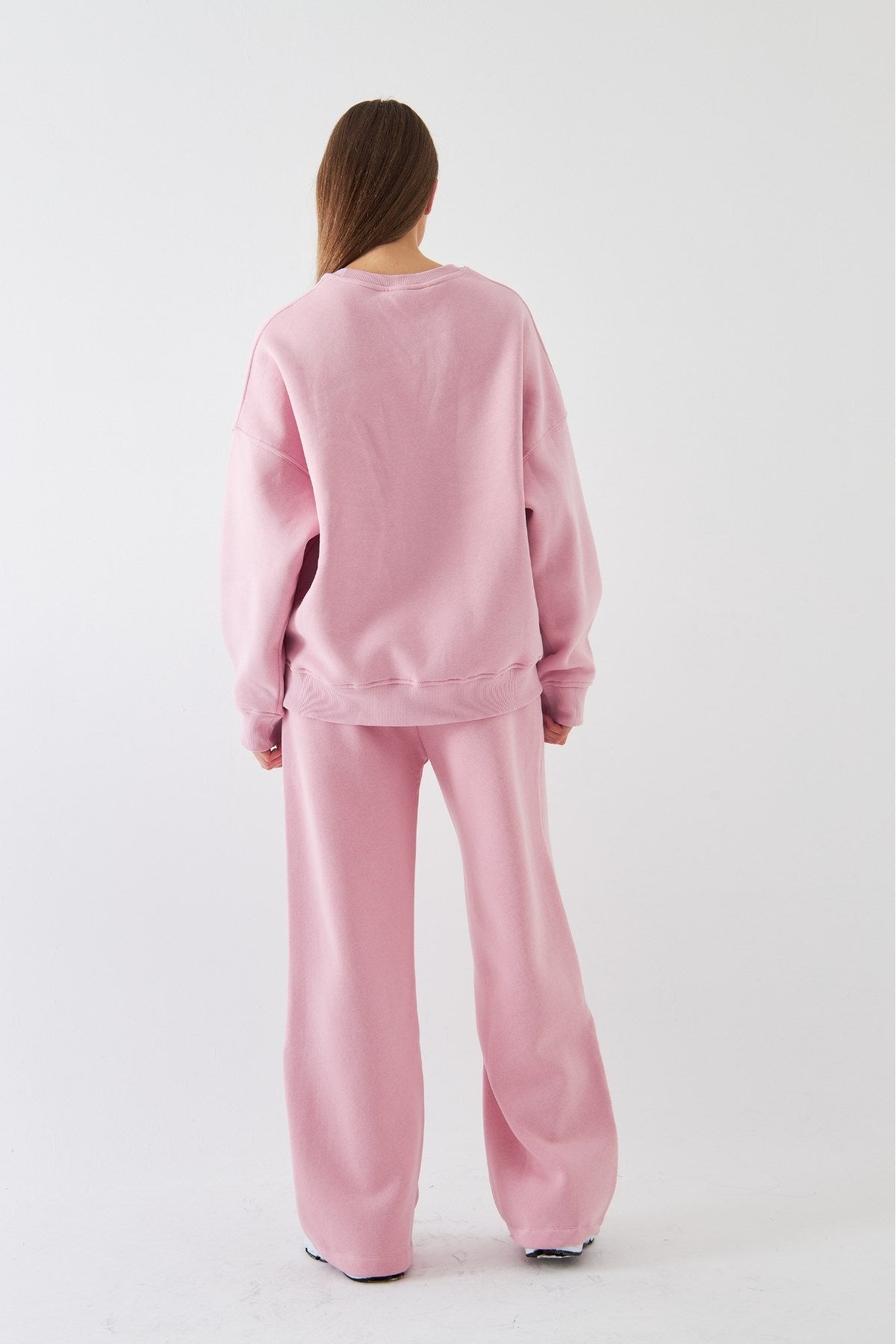 Unisex Oversize Sweatshirt Basic Pembe – Bisiklet Yaka, 3 İplik Şardonlu Polar