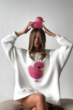 Kadın Beyaz Bisiklet Yaka Sweatshirt Elbise – Beyaz Ördek Baskılı 3 İplik Şardonlu Oversize