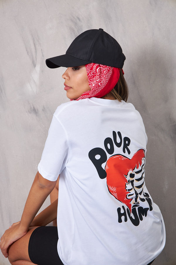 The Champ Pour Humme Yazılı Kalp İskelet Tasarım Baskılı Oversize Beyaz Kadın T-Shirt
