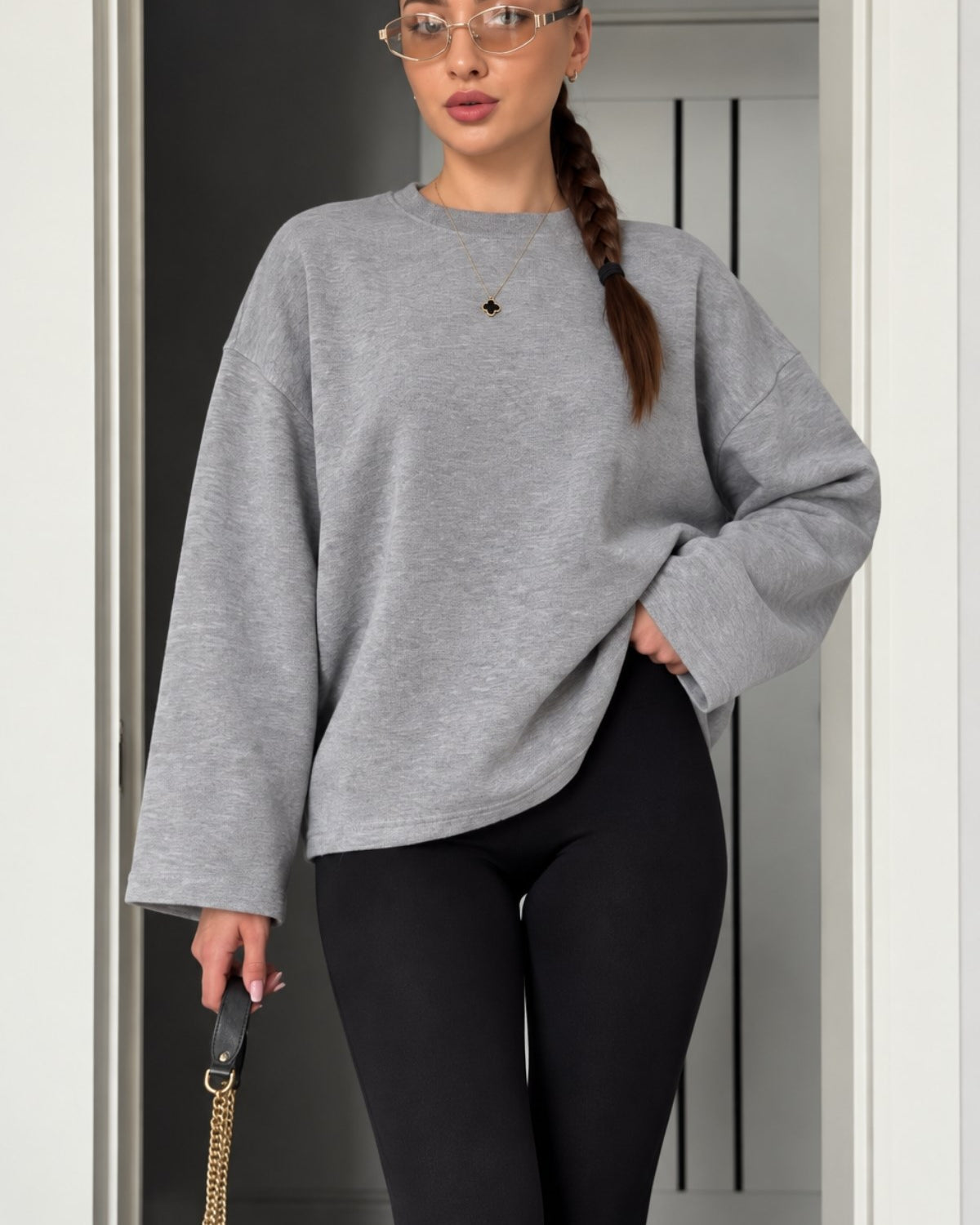 Kadın Relaxed Fit Sweatshirt Basic Gri Melanj – Bisiklet Yaka, 3 İplik Şardonsuz, Düşük Omuz