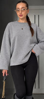 Kadın Relaxed Fit Sweatshirt Basic Gri Melanj – Bisiklet Yaka, 3 İplik Şardonsuz, Düşük Omuz