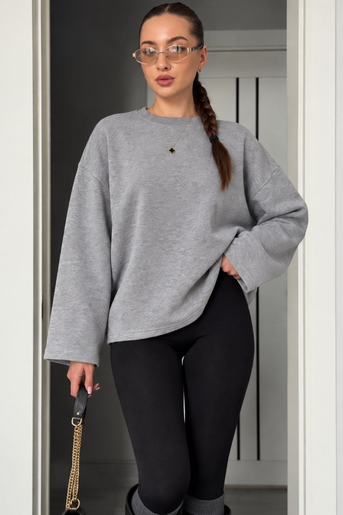 Kadın Relaxed Fit Sweatshirt Basic Gri Melanj – Bisiklet Yaka, 3 İplik Şardonsuz, Düşük Omuz
