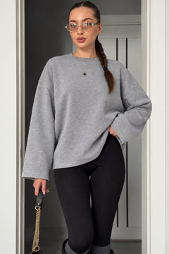 Kadın Relaxed Fit Sweatshirt Basic Gri Melanj – Bisiklet Yaka, 3 İplik Şardonsuz, Düşük Omuz