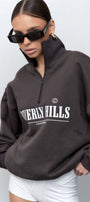Kadın Füme Beverly Hills CHAMP Baskılı Fermuarlı Yarım Balıkçı Yaka Oversize Sweatshirt – Spor ve Günlük Şık Üst