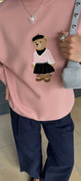 Kadın Oversize Sweatshirt Ballerina Bear Baskılı Pembe – Bisiklet Yaka, 3 İplik Şardonlu Polar