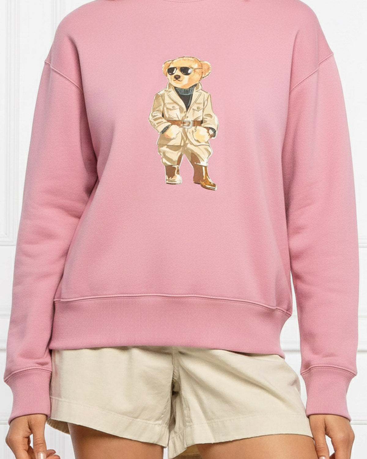 Kadın Oversize Sweatshirt Trench Bear Baskılı Kahverengi – Bisiklet Yaka, 3 İplik Şardonlu