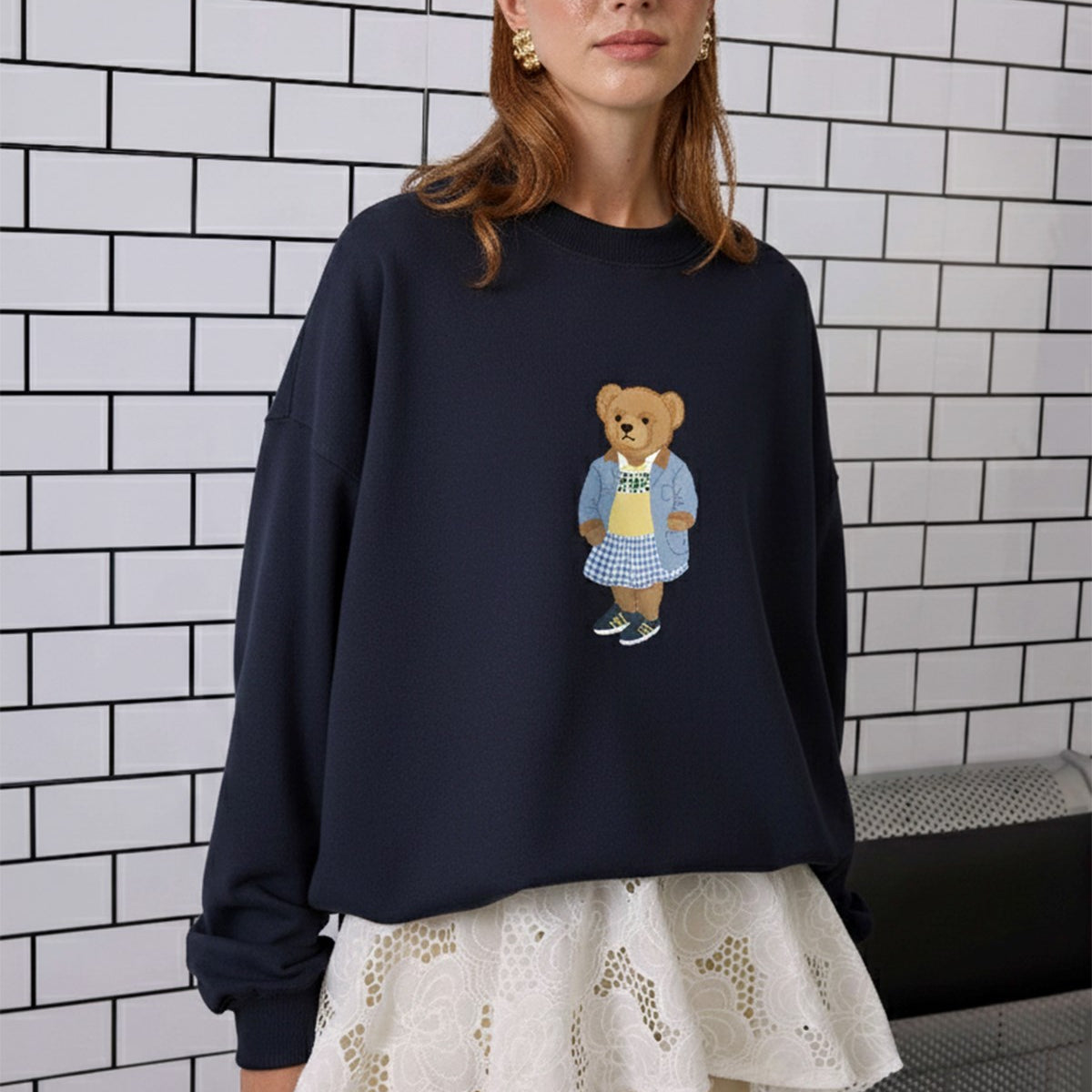 Kadın Oversize Sweatshirt Preppy Girl Bear Baskılı Lacivert – Bisiklet Yaka, 3 İplik Şardonlu Polar