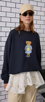 Kadın Oversize Sweatshirt Preppy Girl Bear Baskılı Lacivert – Bisiklet Yaka, 3 İplik Şardonlu Polar