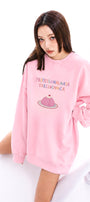 Kadın Oversize Sweatshirt Elbise Sweet Mood Baskılı Pembe – Bisiklet Yaka, 3 İplik Şardonlu Polar