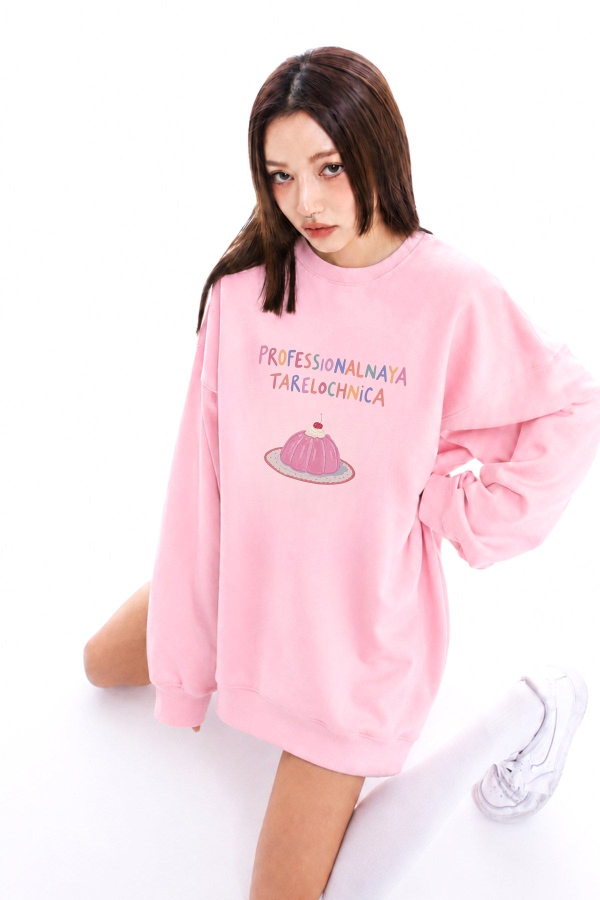 Kadın Oversize Sweatshirt Elbise Sweet Mood Baskılı Pembe – Bisiklet Yaka, 3 İplik Şardonlu Polar