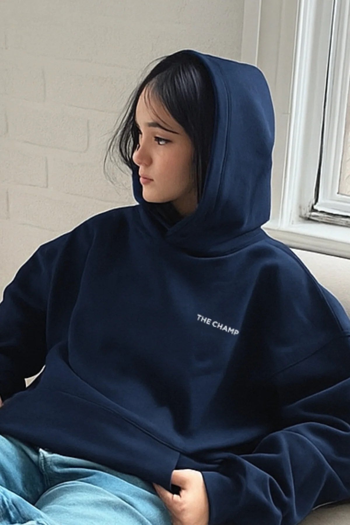  Every Thing Is Fine Baskılı Unisex Lacivert Kapüşonlu Sweatshirt – 3 İplik Şardonlu Kumaş