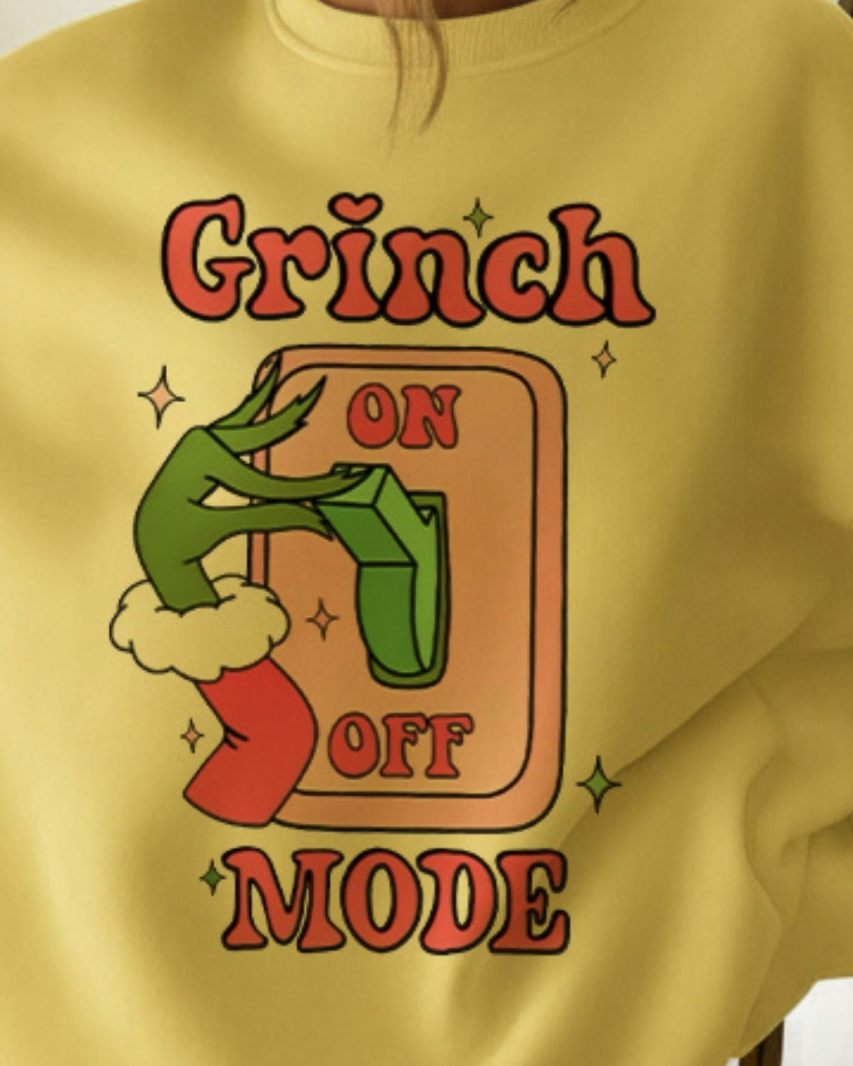 Kadın Oversize Sweatshirt Elbise Grinch Mode Baskılı Sarı – Bisiklet Yaka, 3 İplik Şardonlu Polar