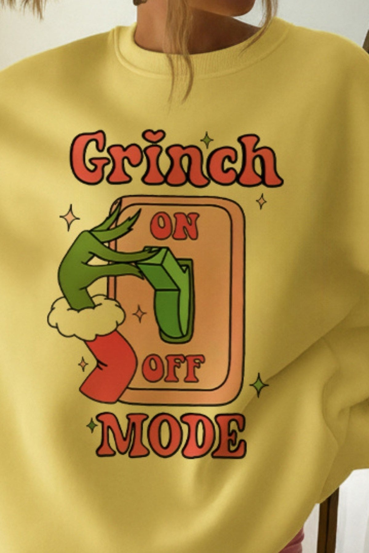 Kadın Oversize Sweatshirt Elbise Grinch Mode Baskılı Sarı – Bisiklet Yaka, 3 İplik Şardonlu Polar