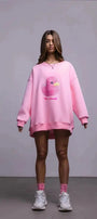 Kadın Beyaz Bisiklet Yaka Sweatshirt – Pembe Ördek Baskılı 3 İplik Şardonlu Oversize