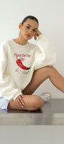 Kadın Oversize Sweatshirt Be Hot Baskılı Beyaz – Bisiklet Yaka, 3 İplik Şardonlu Polar