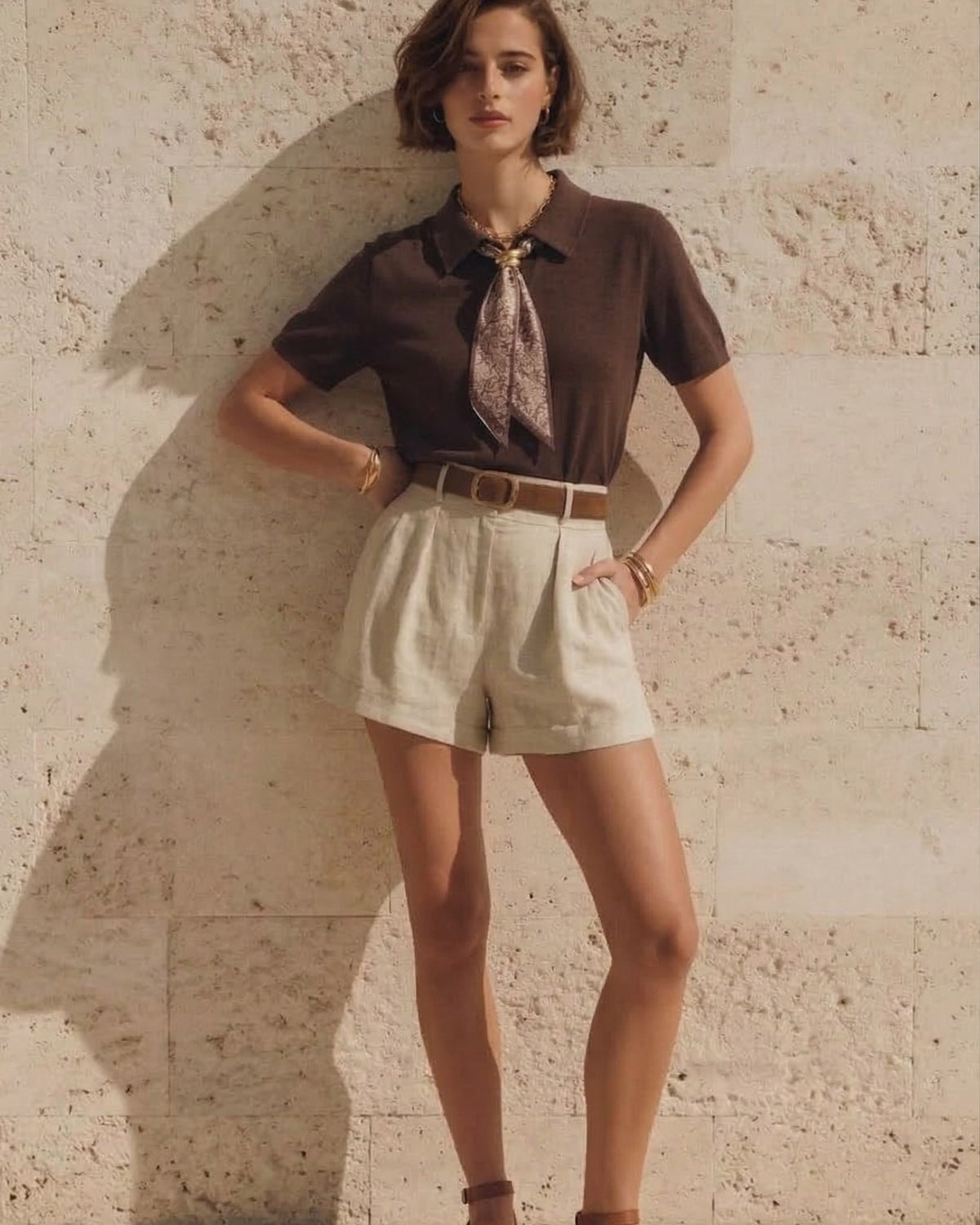 Kadın Polo Yaka Tişört Saten Fularlı Detaylı Kahverengi – %100 Pamuk, Metal Aksesuarlı, Kısa Kollu.