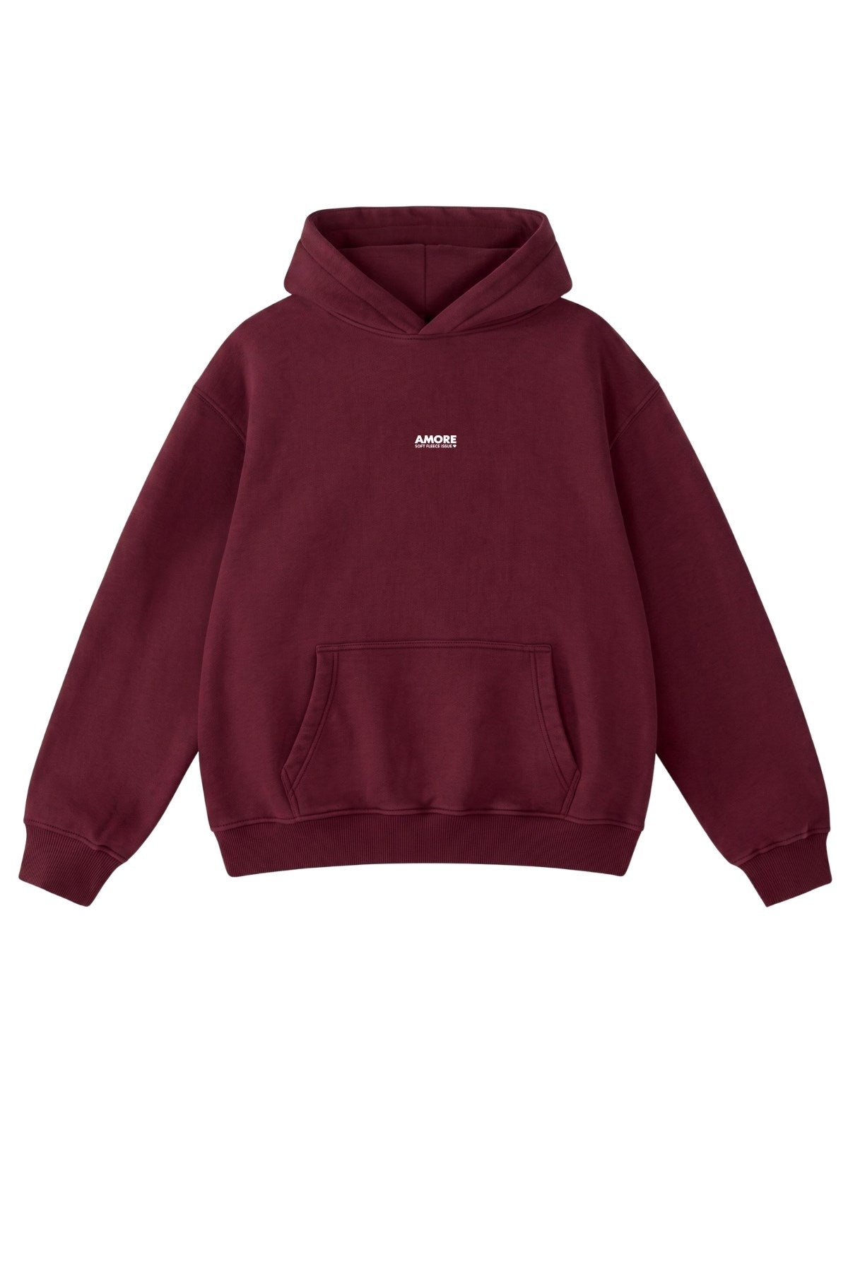 Kadın Oversize Hoodie Amore Baskılı Bordo – Kapüşonlu, Kanguru Cepli, 3 İplik Şardonlu Polar