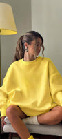 Kadın Oversize Sweatshirt Elbise  Basic Sarı – Bisiklet Yaka, 3 İplik Şardonlu Polar