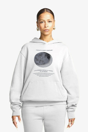 Kapüşonlu İçi Polar Moon Baskılı Beyaz Unisex Hoodie Sweatshirt