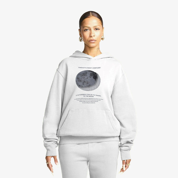 Kapüşonlu İçi Polar Moon Baskılı Beyaz Unisex Hoodie Sweatshirt