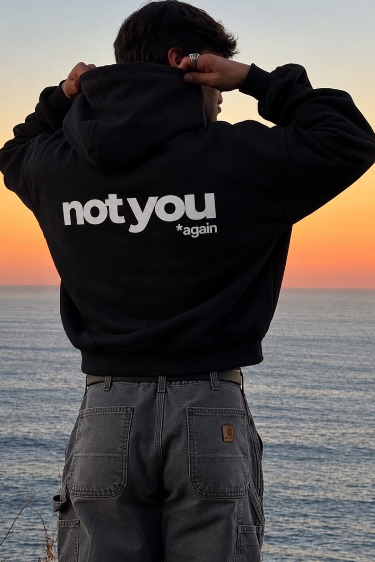 Unisex Oversize Hoodie Not You Again Baskılı Siyah – Kapüşonlu, Kanguru Cepli, 3 İplik Şardonlu 