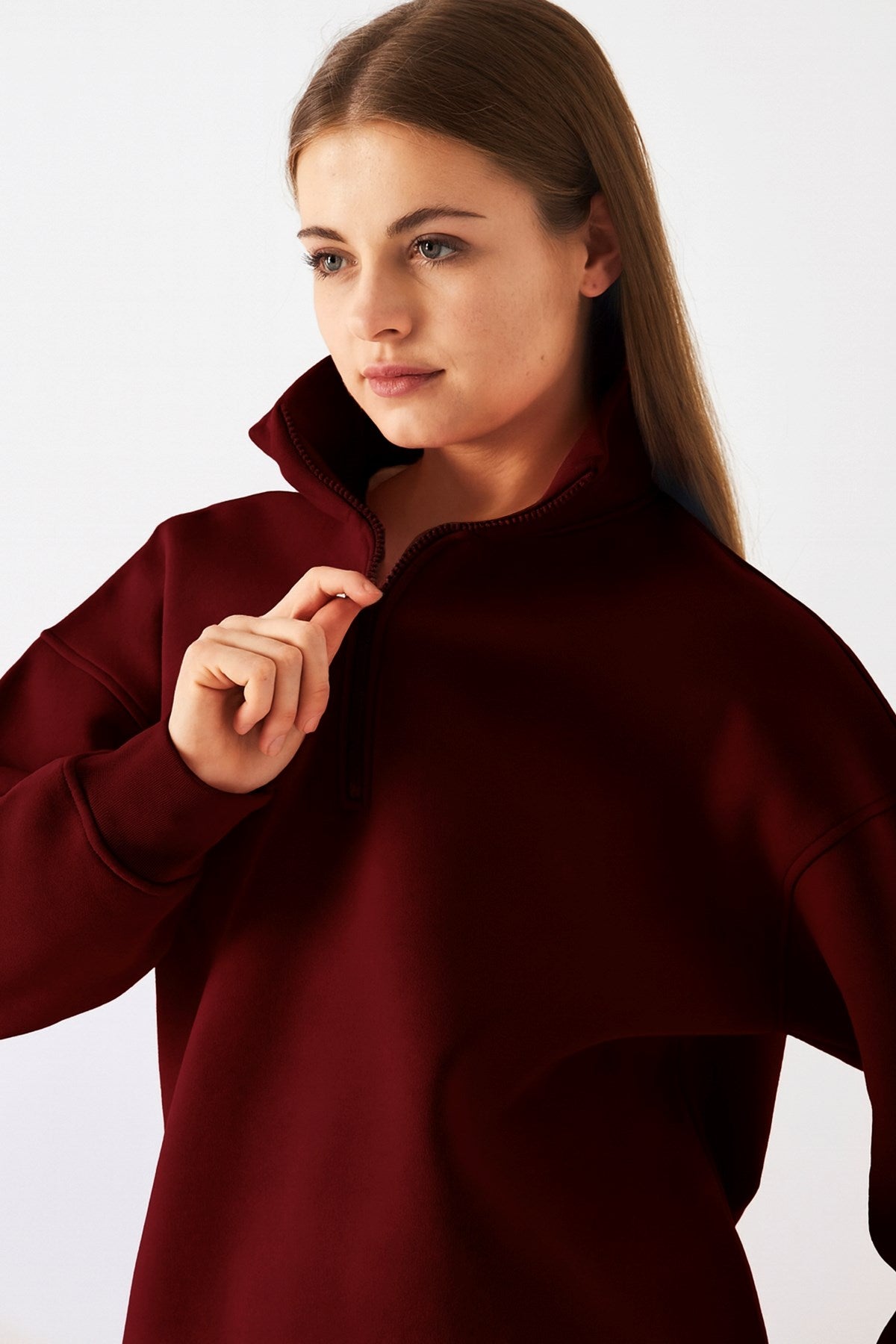 Unisex Oversize Eşofman Takımı Basic Bordo – Fermuarlı Dik Yaka, Lastikli Paça, 3 İplik Şardonlu Polar