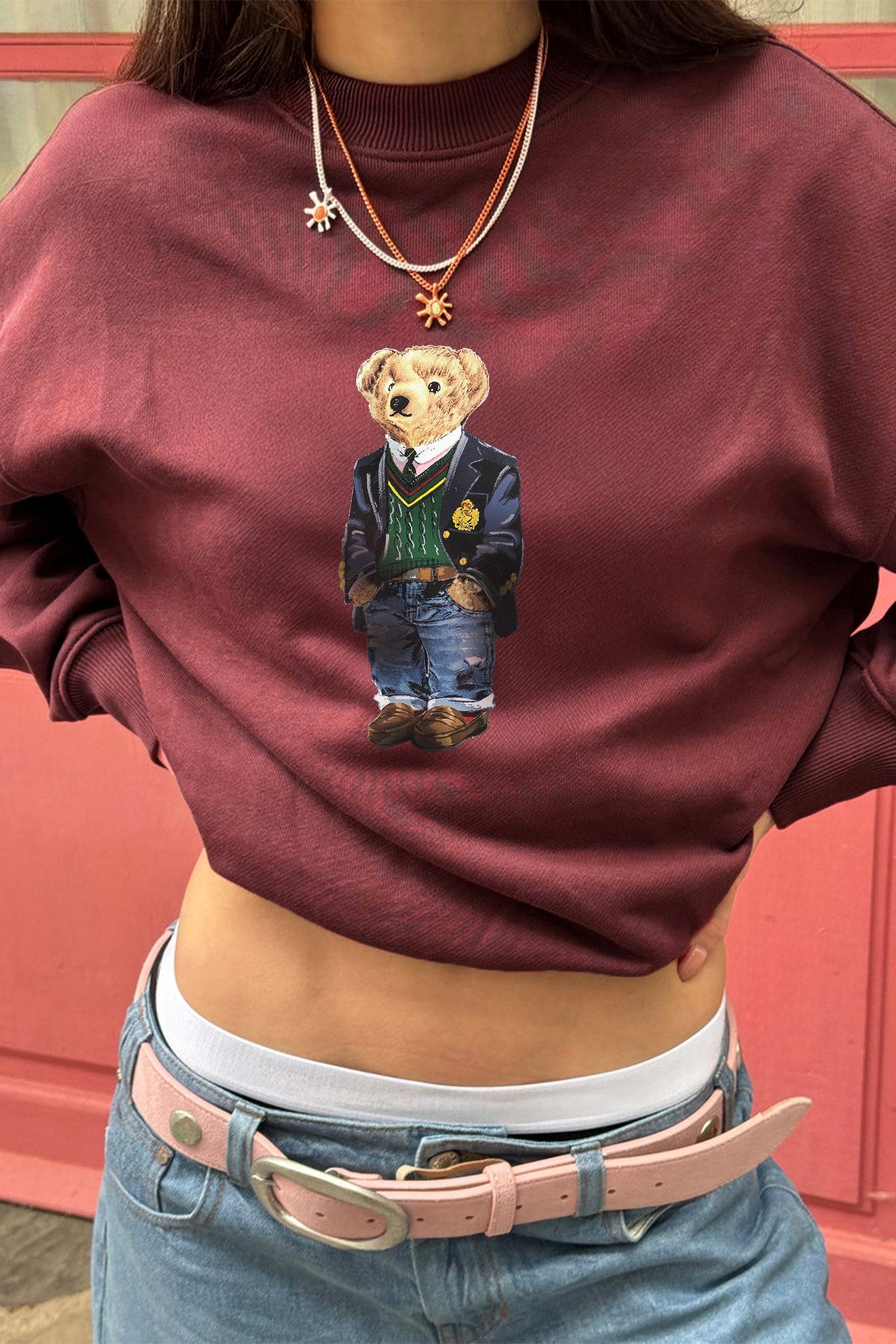 Kadın Oversize Sweatshirt Ivy Bear Baskılı Bordo – Bisiklet Yaka, 3 İplik Şardonlu