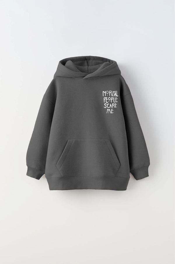 Kapüşonlu İçi Polar Normal People Scare Me Baskılı Füme Unisex Çocuk Hoodie Sweatshirt