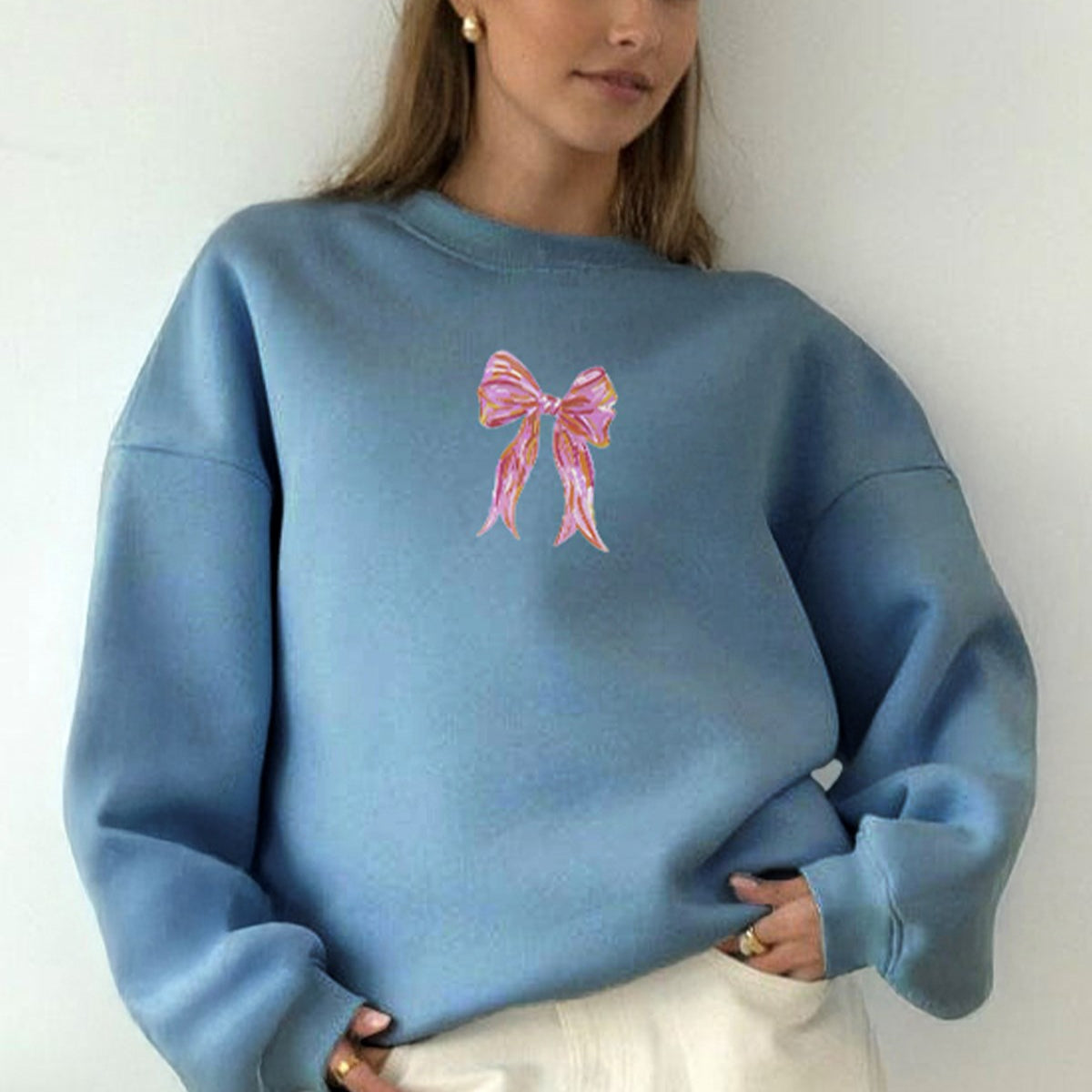 Kadın Oversize Sweatshirt Pembe Kurdele Baskılı Marine – Bisiklet Yaka, 3 İplik Şardonlu Polar