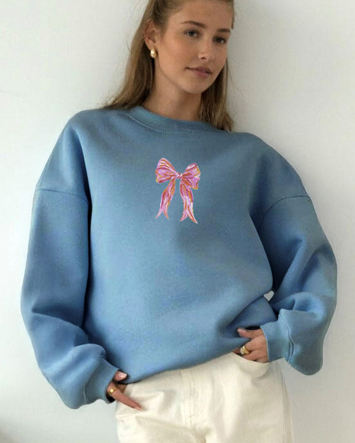Kadın Oversize Sweatshirt Pembe Kurdele Baskılı Marine – Bisiklet Yaka, 3 İplik Şardonlu Polar