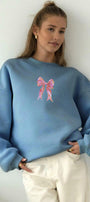 Kadın Oversize Sweatshirt Pembe Kurdele Baskılı Marine – Bisiklet Yaka, 3 İplik Şardonlu Polar
