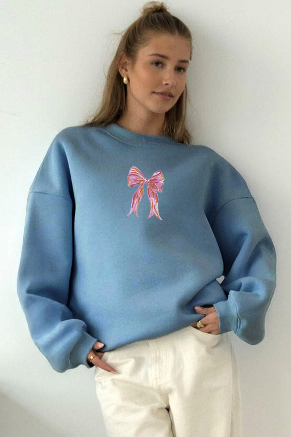 Kadın Oversize Sweatshirt Pembe Kurdele Baskılı Marine – Bisiklet Yaka, 3 İplik Şardonlu Polar