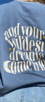 Oversize Unisex Bisiklet Yaka Sweat Mavi – 3 İplik Polar Kumaş, Rahat Kalıp, Wildest Dreams Baskılı