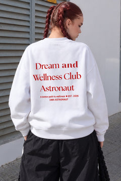 Kadın Oversize Sweatshirt Wellness Baskılı Beyaz – Bisiklet Yaka, 3 İplik Şardonlu Polar, Düşük Omuz
