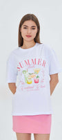 Summer Cocktail Club Baskılı Kadın Oversize Tişört + Bez Çanta Hediyeli Kombin – %100 Pamuk