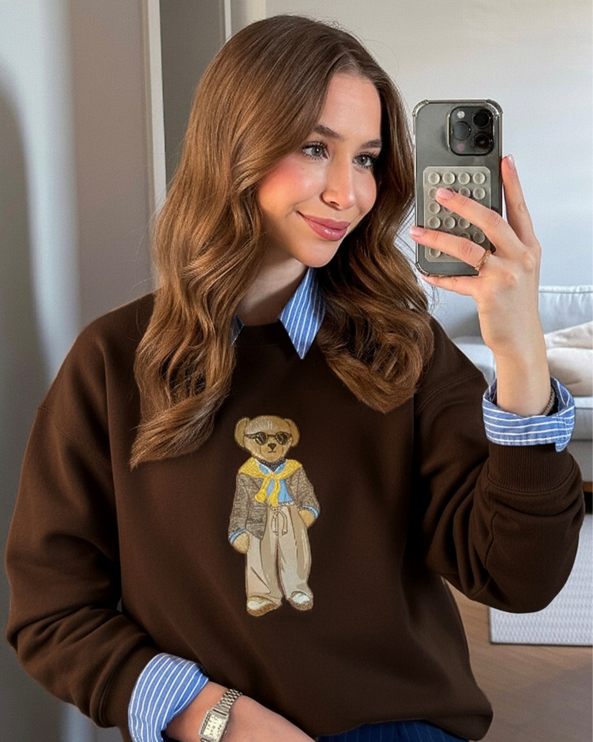 Kadın Oversize Sweatshirt Gentleman Bear Baskılı Kahverengi – Bisiklet Yaka, 3 İplik Şardonlu