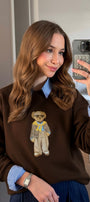 Kadın Oversize Sweatshirt Gentleman Bear Baskılı Kahverengi – Bisiklet Yaka, 3 İplik Şardonlu